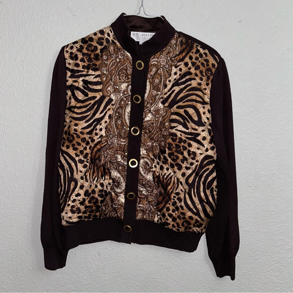 ST. JOHN Collection Jacket Womens Small Brown Knitted Cheetah Print Button Up